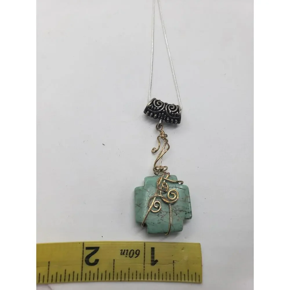Artisan Wire Wrapped Chrysoprase Cross Pendant Necklace Silver tone Snake Chain